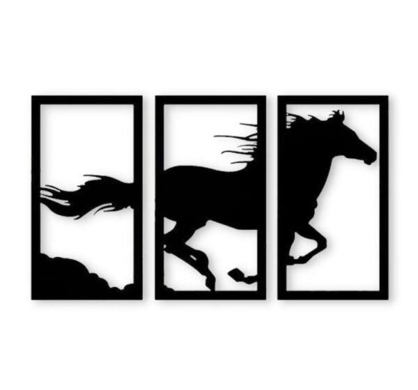 Three Panel Horse Frame, Wall Decor Material: Laminated Sheet Thickness: 3mm Size: 16x28 Number Of Pieces: 1 Pc Package Includes: 1 x Three Panel Horse Frame, Wall Decor Zefrai