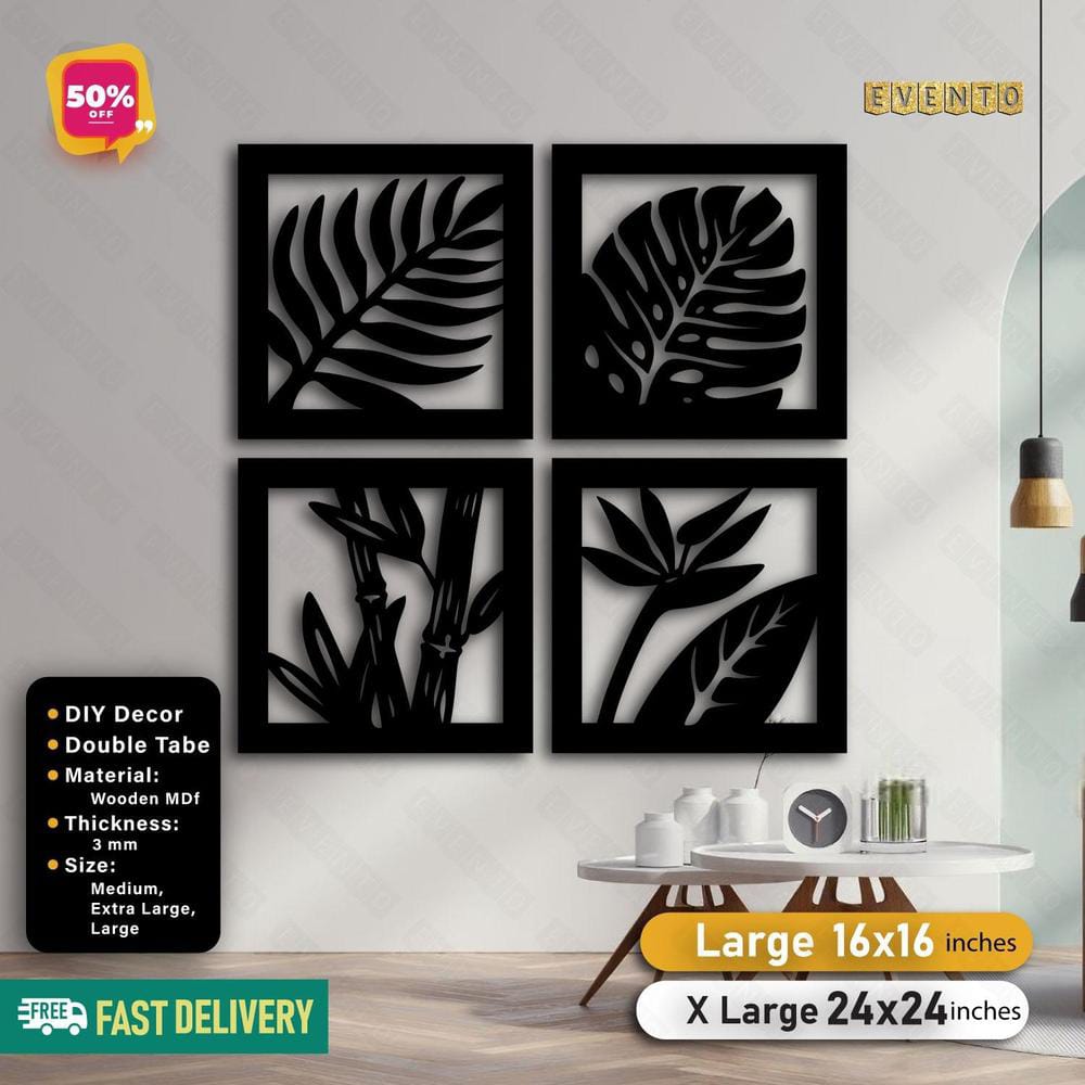 4 Frame Leaf Black Wooden Wall Decor Panel - Large Material: MDF Number Of Pieces: 1 Pc Size: 16x16 Inches Package Includes: 1 x Wall decor Zefrai ZEFRAI Wall Art Home Decor Calligraphy Frames Decoration items Decoration Decoration Brand Decoration piece Stylish Wall Art